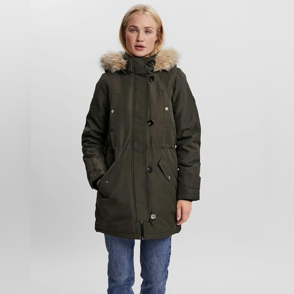 Bershka Olive Green Parka with Faux Fur Hood